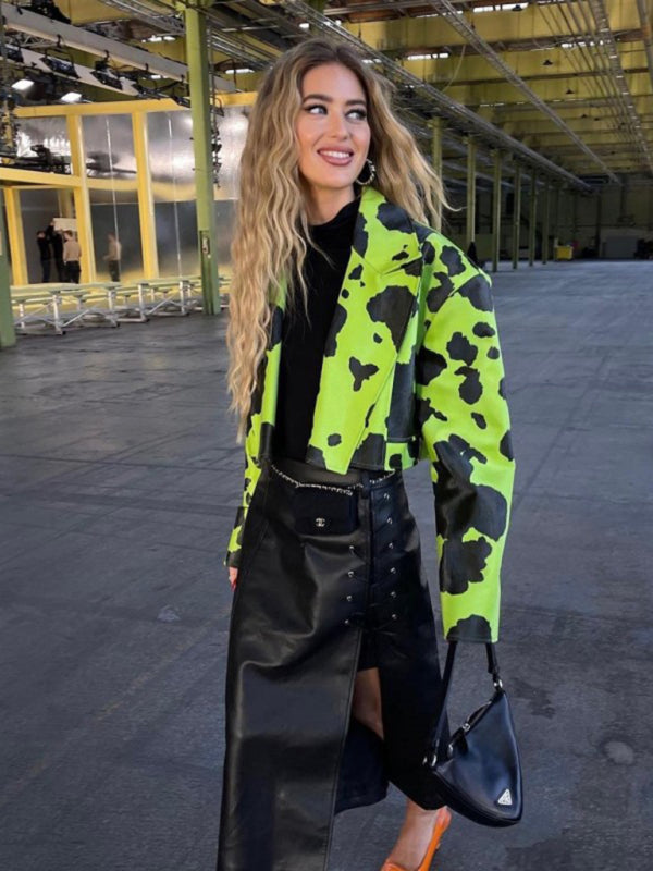 Emily's Abstract Print Long-Sleeved Short Leather Jacket kakaclo