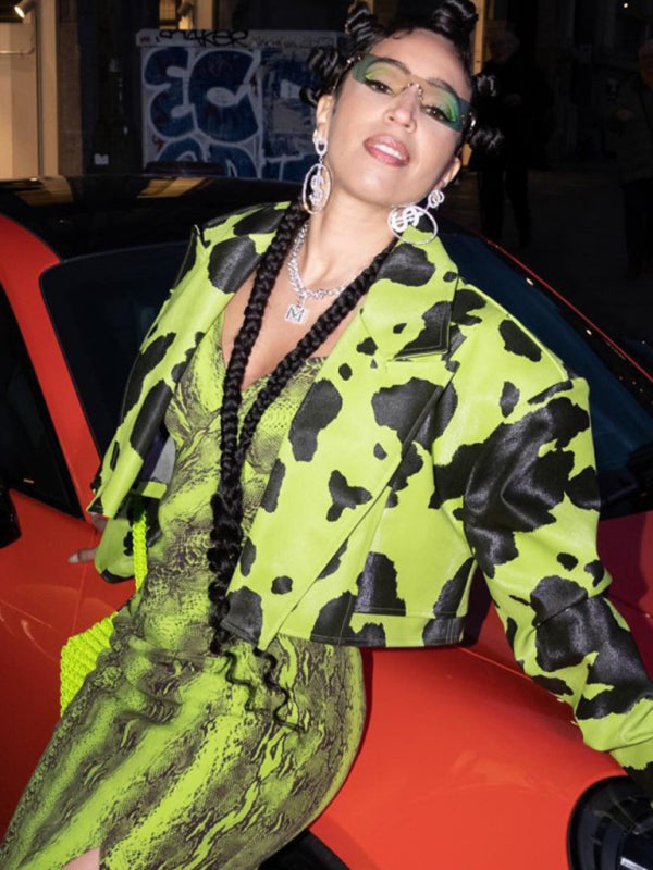 Emily's Abstract Print Long-Sleeved Short Leather Jacket kakaclo