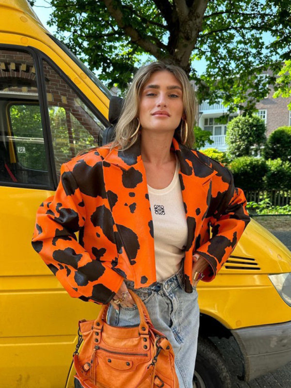 Emily's Abstract Print Long-Sleeved Short Leather Jacket kakaclo