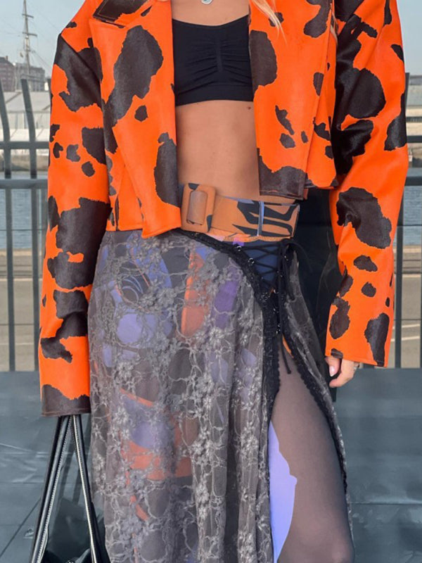 Emily's Abstract Print Long-Sleeved Short Leather Jacket kakaclo