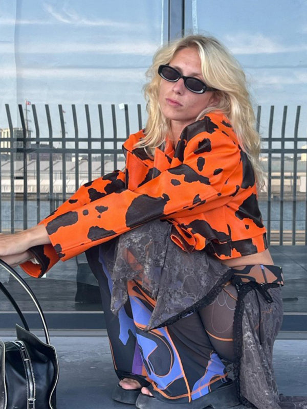 Emily's Abstract Print Long-Sleeved Short Leather Jacket kakaclo