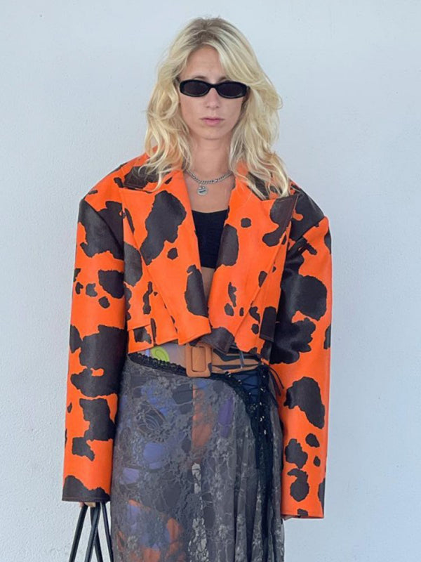 Emily's Abstract Print Long-Sleeved Short Leather Jacket kakaclo