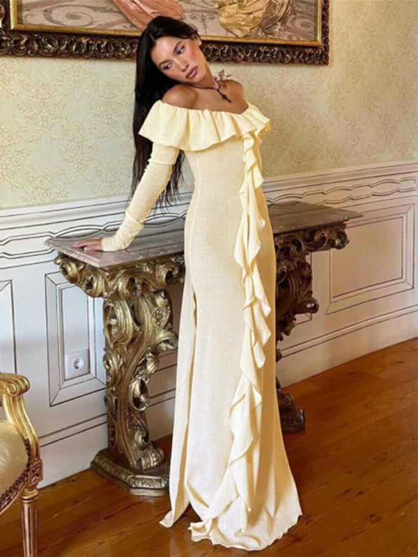 Women's fashionable one-piece neckline slim-fitting high-slit leg-showing long dress BLUE ZONE PLANET