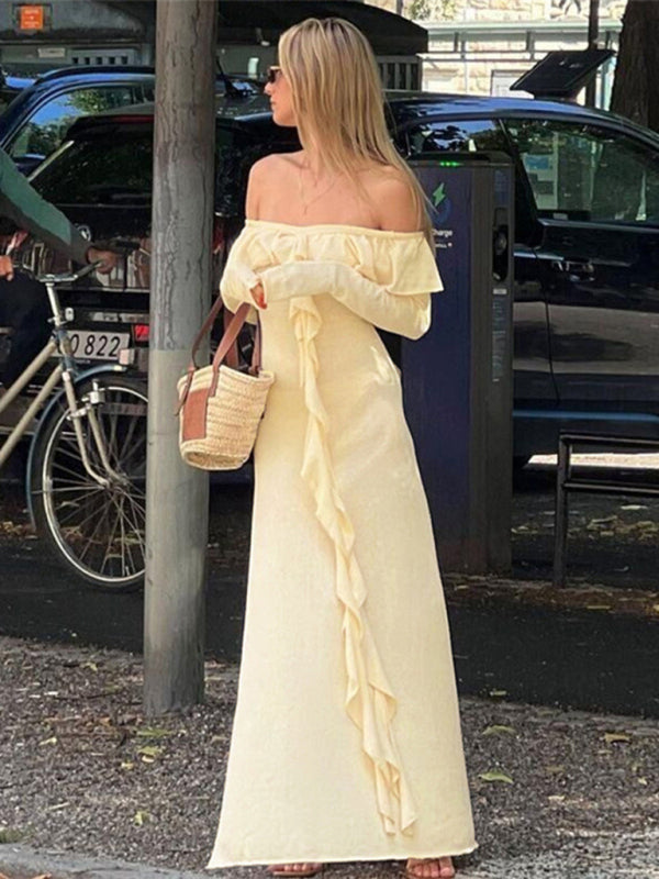 Women's fashionable one-piece neckline slim-fitting high-slit leg-showing long dress BLUE ZONE PLANET