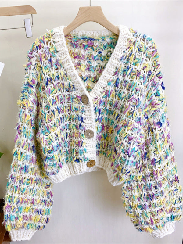 Thick Knitted Colorful Hand-Knitted Sweater Jacket Lazy Style Outer Top kakaclo