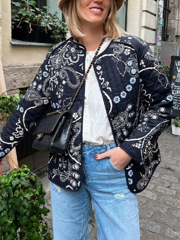 Blue Zone Planet | Retro patchwork printed cotton O-neck long sleeve pocket short coat BLUE ZONE PLANET