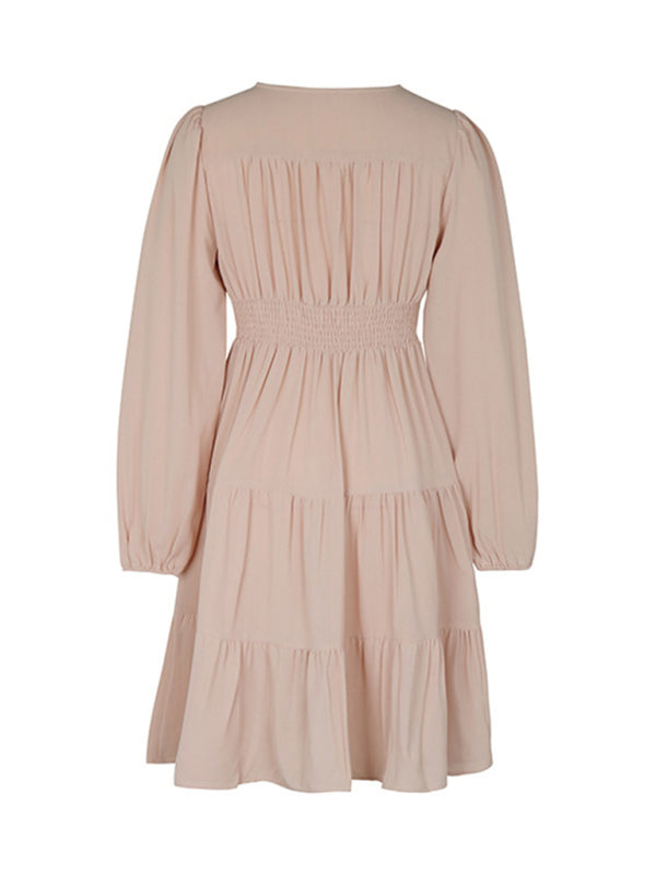 solid color long-sleeved V-neck button-down dress kakaclo