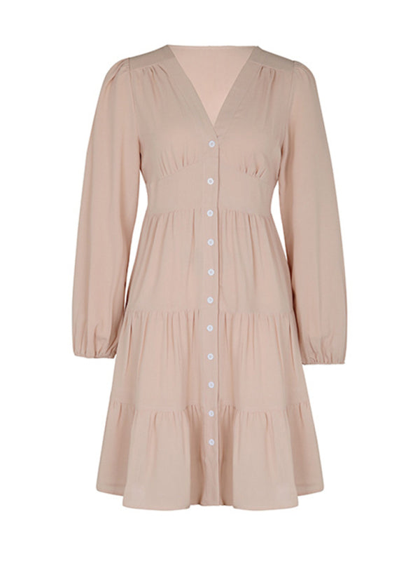 solid color long-sleeved V-neck button-down dress kakaclo