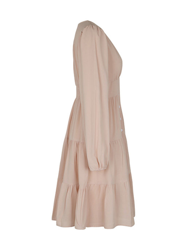 solid color long-sleeved V-neck button-down dress kakaclo