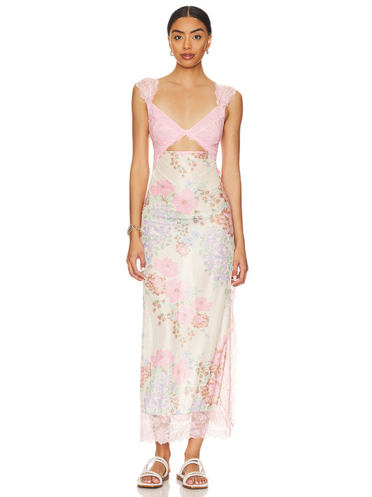 Blue Zone Planet |  Gentle Lace Straps Spliced Slit Long Dress BLUE ZONE PLANET