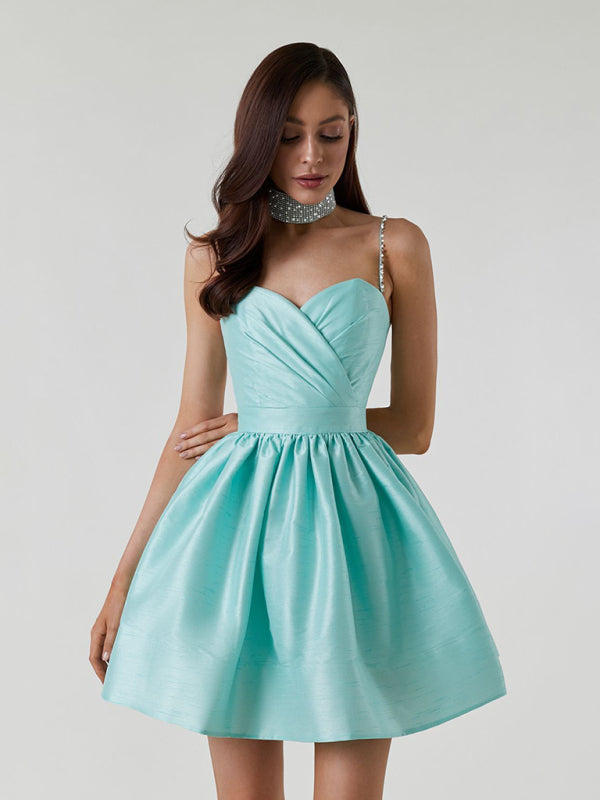 Blue Zone Planet | Pleated spaghetti strap rhinestone white mini dress BLUE ZONE PLANET