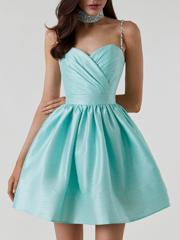 Blue Zone Planet | Pleated spaghetti strap rhinestone white mini dress BLUE ZONE PLANET