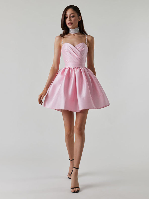 Blue Zone Planet | Pleated spaghetti strap rhinestone white mini dress BLUE ZONE PLANET