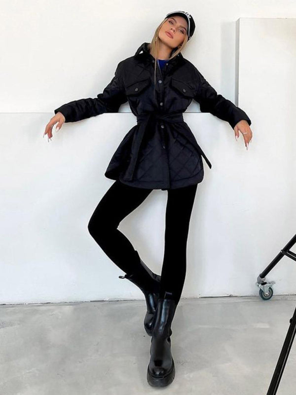 style long buttoned lapel loose warm rhombus cotton jacket kakaclo