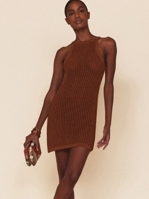 Sexy hollow knitted beach dress with suspenders BLUE ZONE PLANET