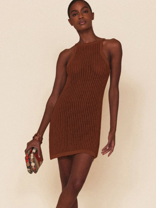 Sexy hollow knitted beach dress with suspenders BLUE ZONE PLANET