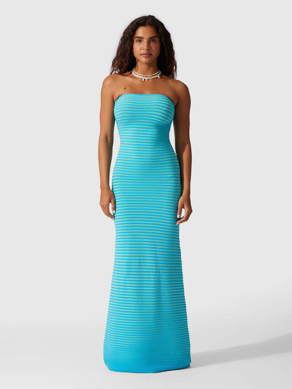 Tube top long knitted striped sexy slim fit hip-hugging dress BLUE ZONE PLANET