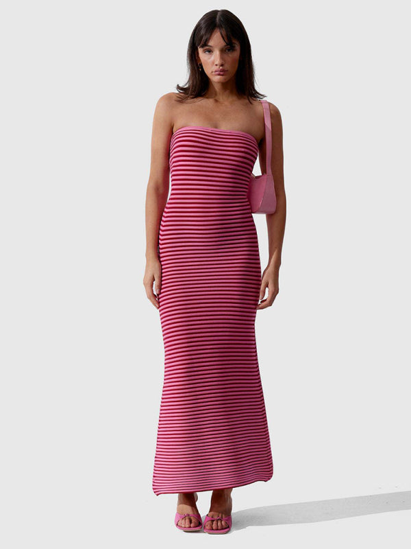 Tube top long knitted striped sexy slim fit hip-hugging dress BLUE ZONE PLANET