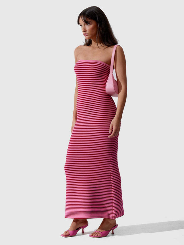 Tube top long knitted striped sexy slim fit hip-hugging dress BLUE ZONE PLANET