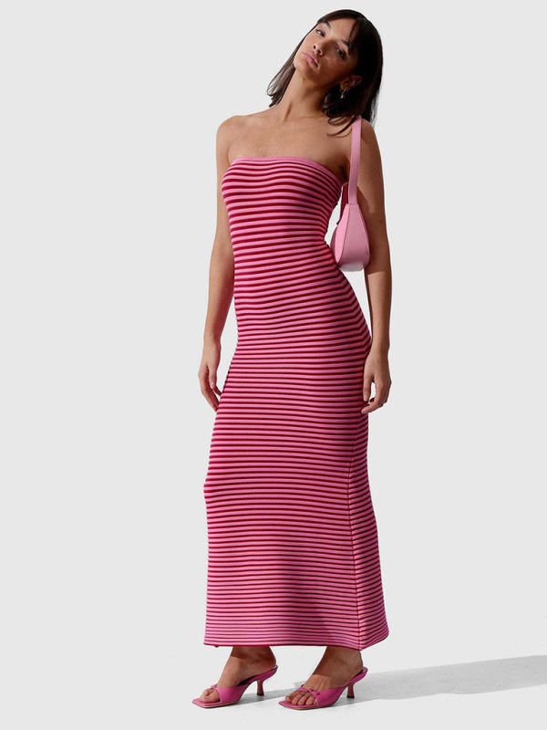 Tube top long knitted striped sexy slim fit hip-hugging dress BLUE ZONE PLANET