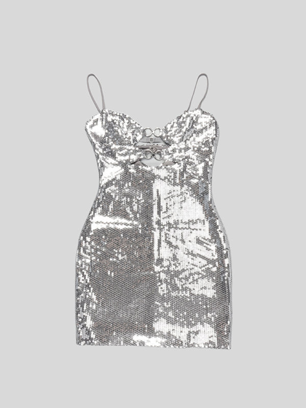 New fashion women's buckle silver sequin suspender skirt dress BLUE ZONE PLANET