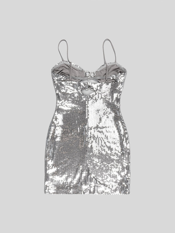 New fashion women's buckle silver sequin suspender skirt dress BLUE ZONE PLANET