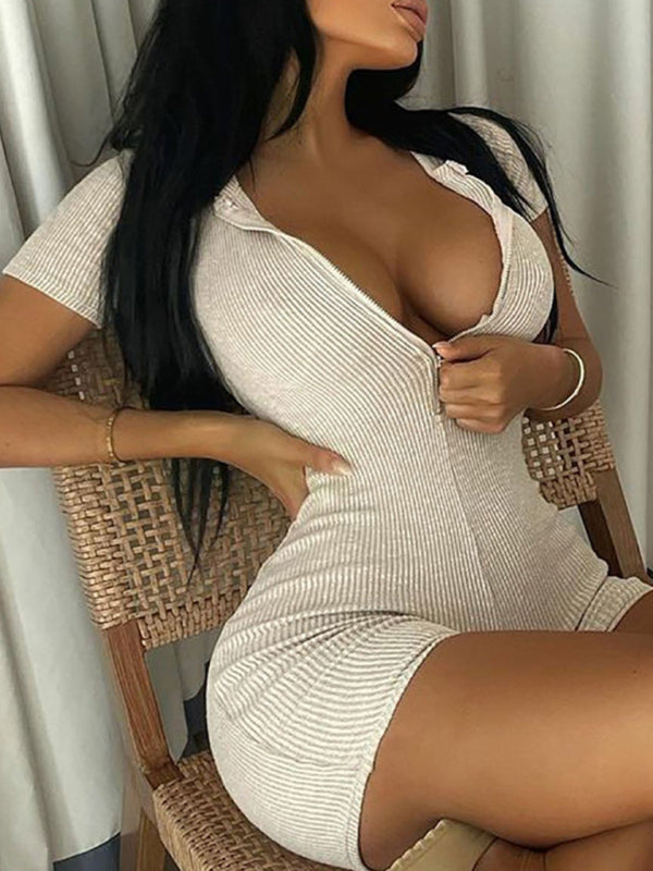 Blue Zone Planet |  Short Sleeve POLO Collar Knitted Slim Fit Zipper Jumpsuit BLUE ZONE PLANET