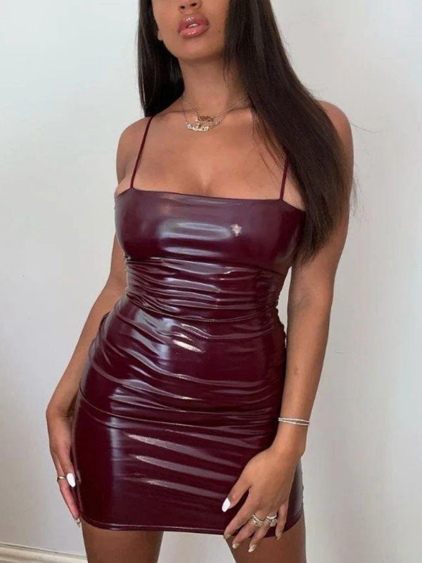 PU Leather Spaghetti Strap Bodycon waist and hip party mini dress BLUE ZONE PLANET