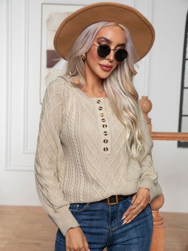 Blue Zone Planet | Button Twist Long Sleeve Pullover Sweater kakaclo