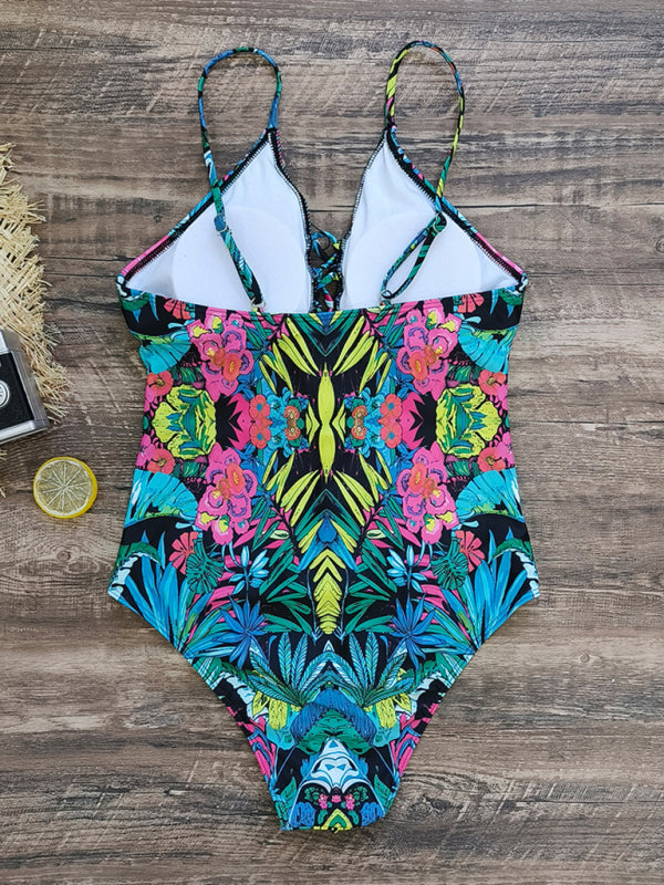 New deep V strappy one-piece swimsuit cashew flower print triangle one-piece swimsuit kakaclo
