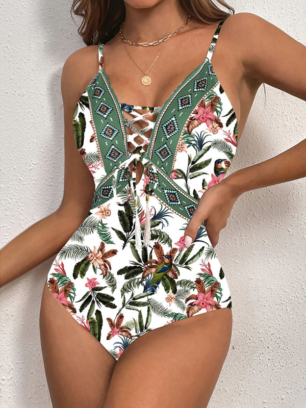 New deep V strappy one-piece swimsuit cashew flower print triangle one-piece swimsuit kakaclo