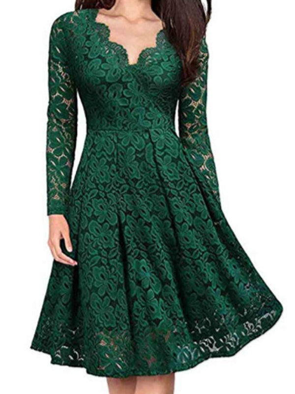 Christmas women's autumn and winter skirt lace long-sleeved temperament dress BLUE ZONE PLANET