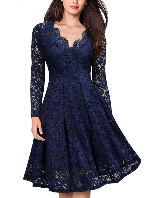 Christmas women's autumn and winter skirt lace long-sleeved temperament dress BLUE ZONE PLANET
