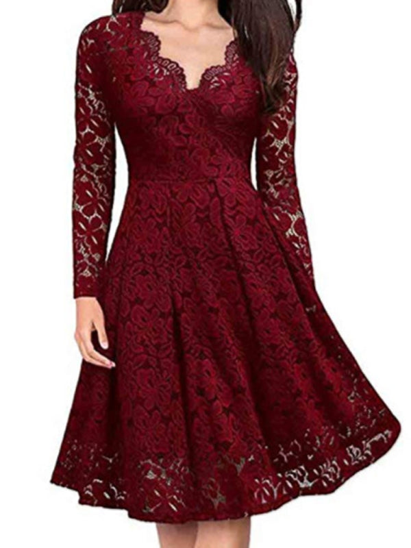Christmas women's autumn and winter skirt lace long-sleeved temperament dress BLUE ZONE PLANET