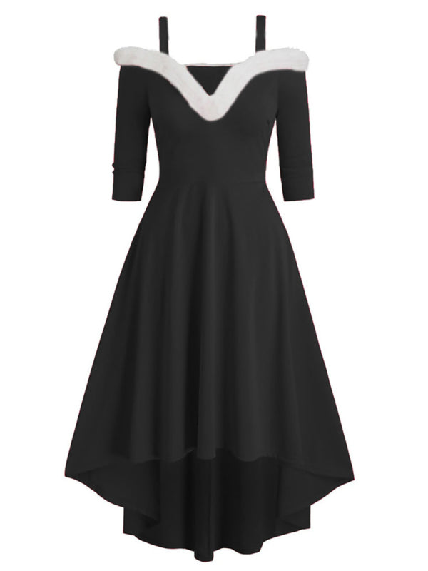 Christmas long-sleeved plush high-low deep V off-the-shoulder dress BLUE ZONE PLANET