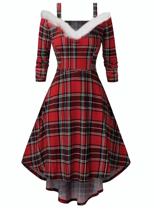 Christmas long-sleeved plush high-low deep V off-the-shoulder dress BLUE ZONE PLANET