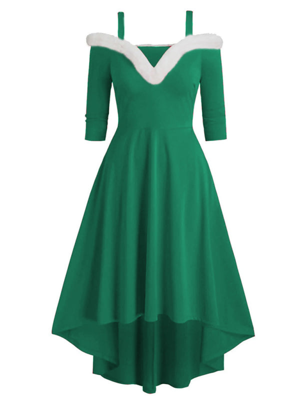 Christmas long-sleeved plush high-low deep V off-the-shoulder dress BLUE ZONE PLANET