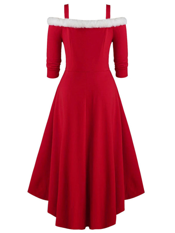 Christmas long-sleeved plush high-low deep V off-the-shoulder dress BLUE ZONE PLANET