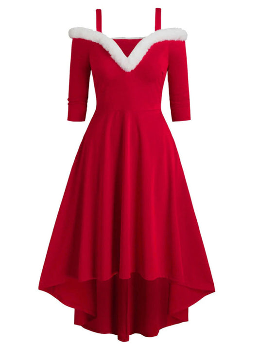 Christmas long-sleeved plush high-low deep V off-the-shoulder dress BLUE ZONE PLANET