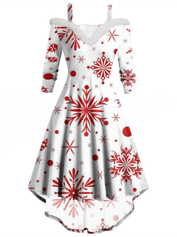 Christmas long-sleeved plush high-low deep V off-the-shoulder dress BLUE ZONE PLANET
