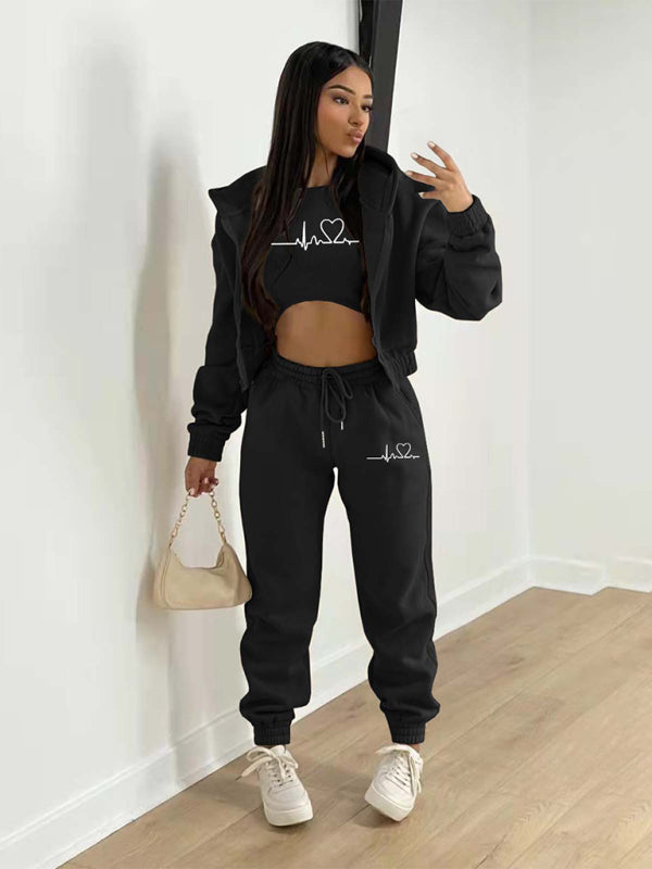 Blue Zone Planet | velvet sweatshirt hooded letter print suit (three-piece set) BLUE ZONE PLANET