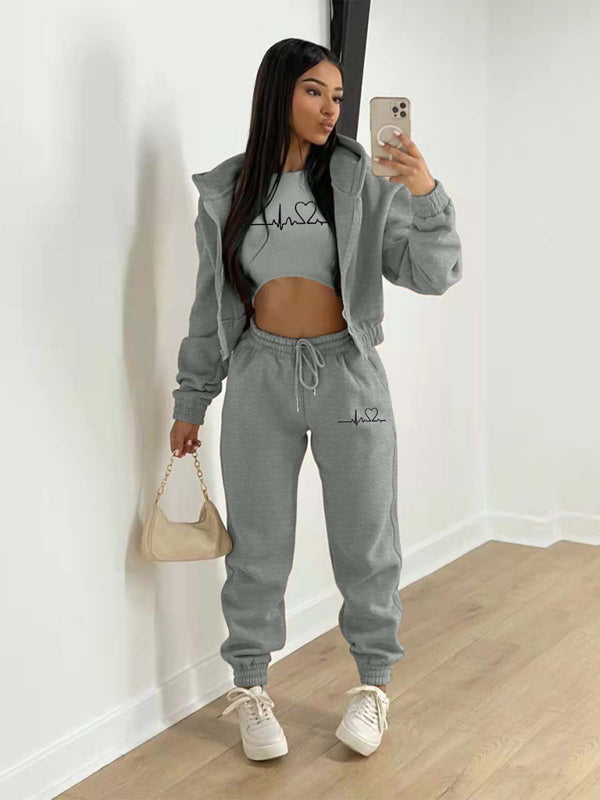 Blue Zone Planet | velvet sweatshirt hooded letter print suit (three-piece set) BLUE ZONE PLANET