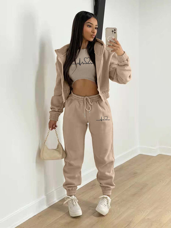 Blue Zone Planet | velvet sweatshirt hooded letter print suit (three-piece set) BLUE ZONE PLANET