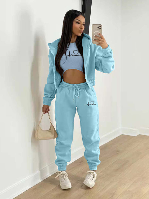 Blue Zone Planet | velvet sweatshirt hooded letter print suit (three-piece set) BLUE ZONE PLANET