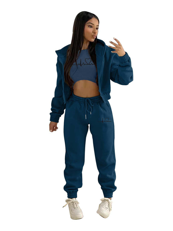 Blue Zone Planet | velvet sweatshirt hooded letter print suit (three-piece set) BLUE ZONE PLANET