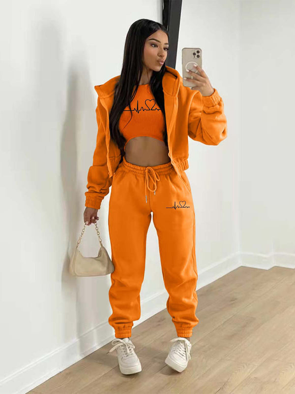 Blue Zone Planet | velvet sweatshirt hooded letter print suit (three-piece set) BLUE ZONE PLANET