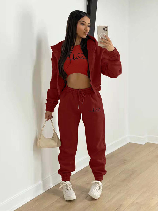 Blue Zone Planet | velvet sweatshirt hooded letter print suit (three-piece set) BLUE ZONE PLANET