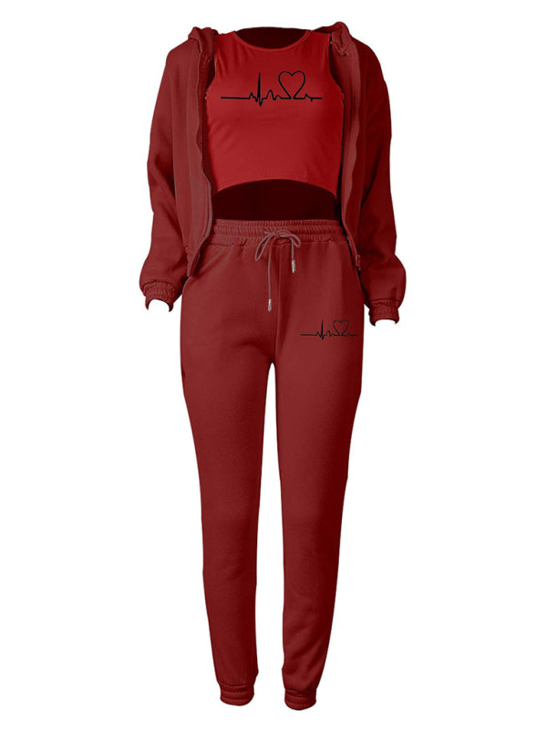 Blue Zone Planet | velvet sweatshirt hooded letter print suit (three-piece set) BLUE ZONE PLANET