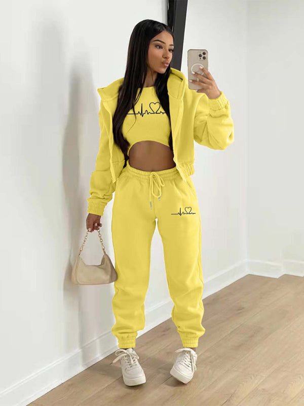 Blue Zone Planet | velvet sweatshirt hooded letter print suit (three-piece set) BLUE ZONE PLANET