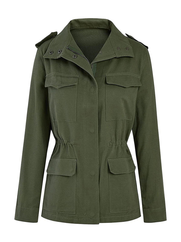 Slim fashion trendy solid color loose zippered multi-pocket jacket coat kakaclo
